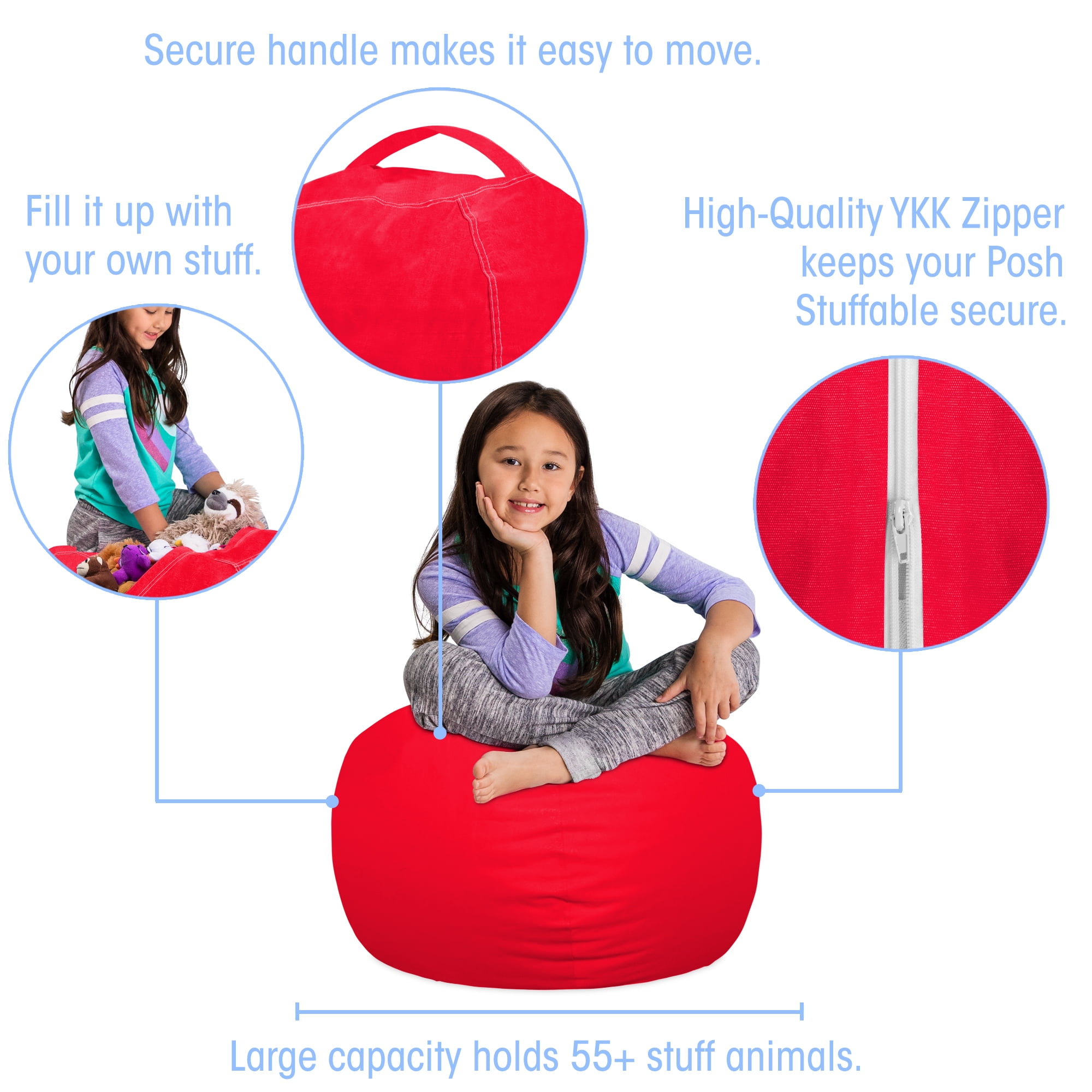 Posh Creations Bean Bag Stuffable Cover - Toy Organizer, Soft Cover, Kids, 2.25 ft, Red