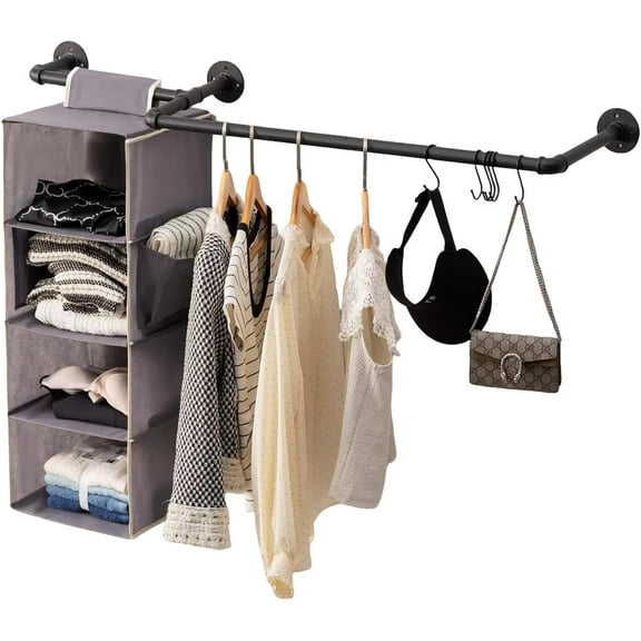 Industrial Pipe Clothing Rack with Hanging Shelves, Wall Mounted Garment Rack with Hooks, Heavy Duty Clothes Rods with Open Closet Organizer and Side Pockets,Multi-Purpose Clothing Hanging Rail