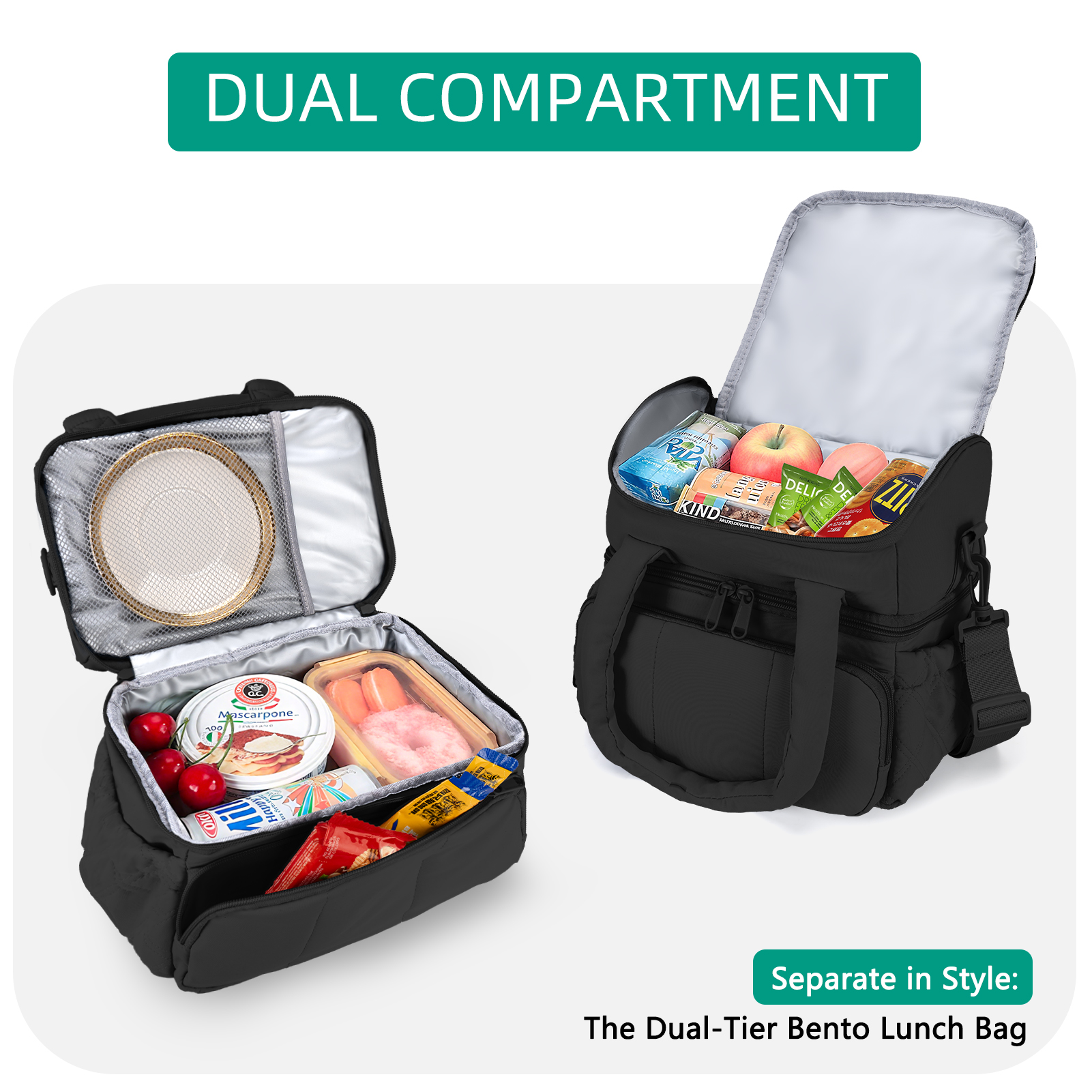 stillithou Double Deck Lunch Bag Insulated Leakproof, Quilted Puffer Lunch Bag Women Lightweight for Work Travel Beach Picnic, Large(Double Deck), Black