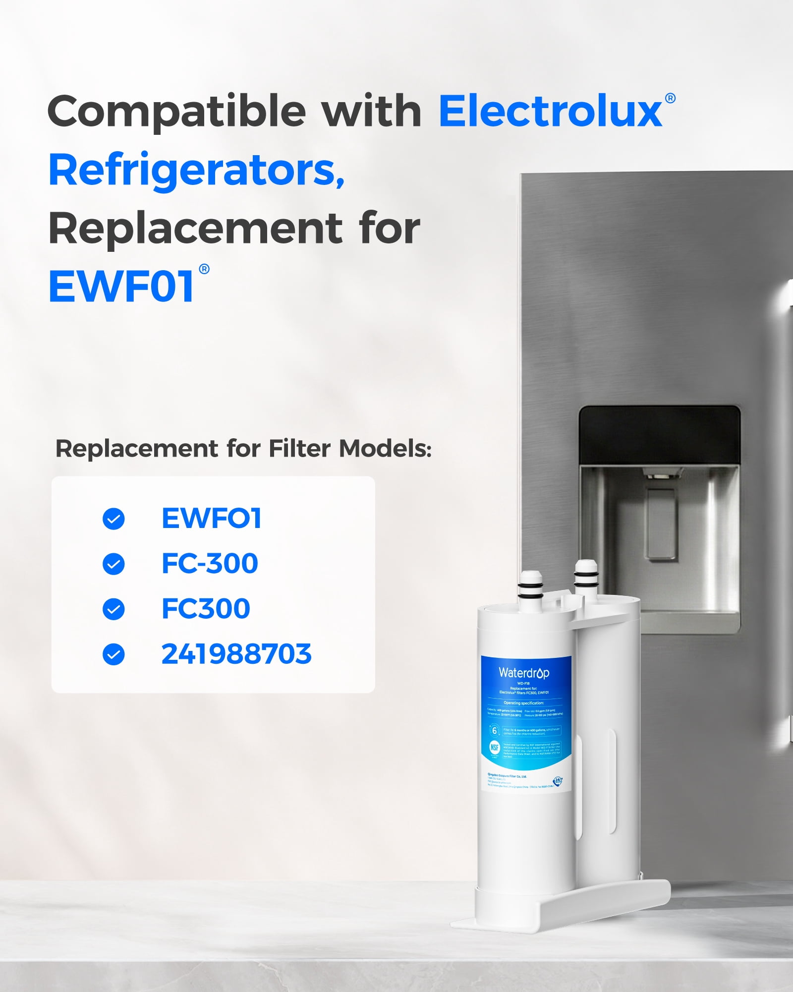 Waterdrop Replacement for EWF01®, FC-300, FC300, EFF-6018A, 241988703 Refrigerator Water Filter, 4 Filters