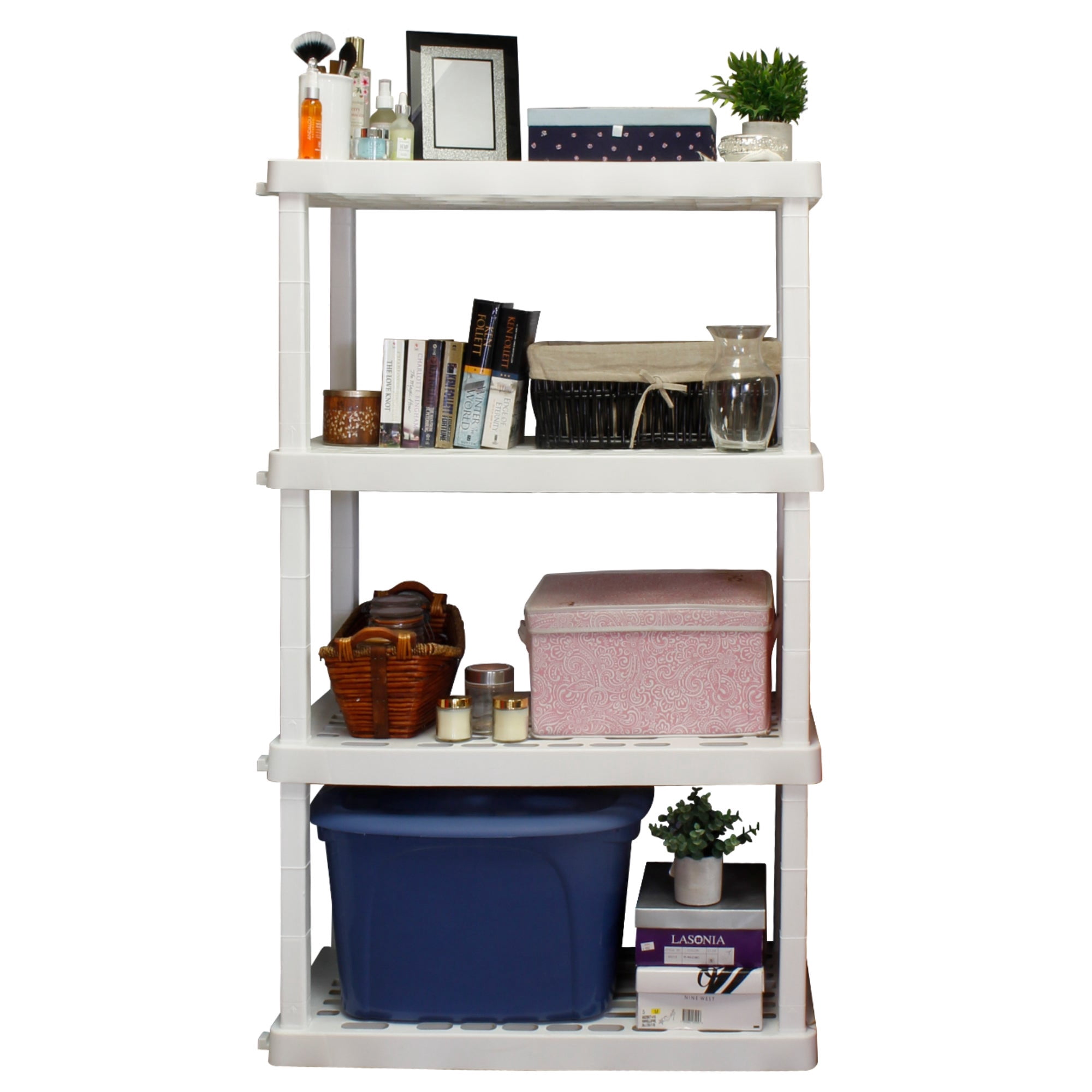 Hyper Tough Plastic Shelving Unit Storage Shelf 4-Tier 56" H x 36" W x 18" D White 600 lb Capacity