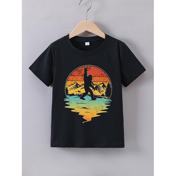 Cave Ape Man Graphic Print Boy's Crew Neck Short Sleeve T-shirt, Suitable For Summer Daily Wear