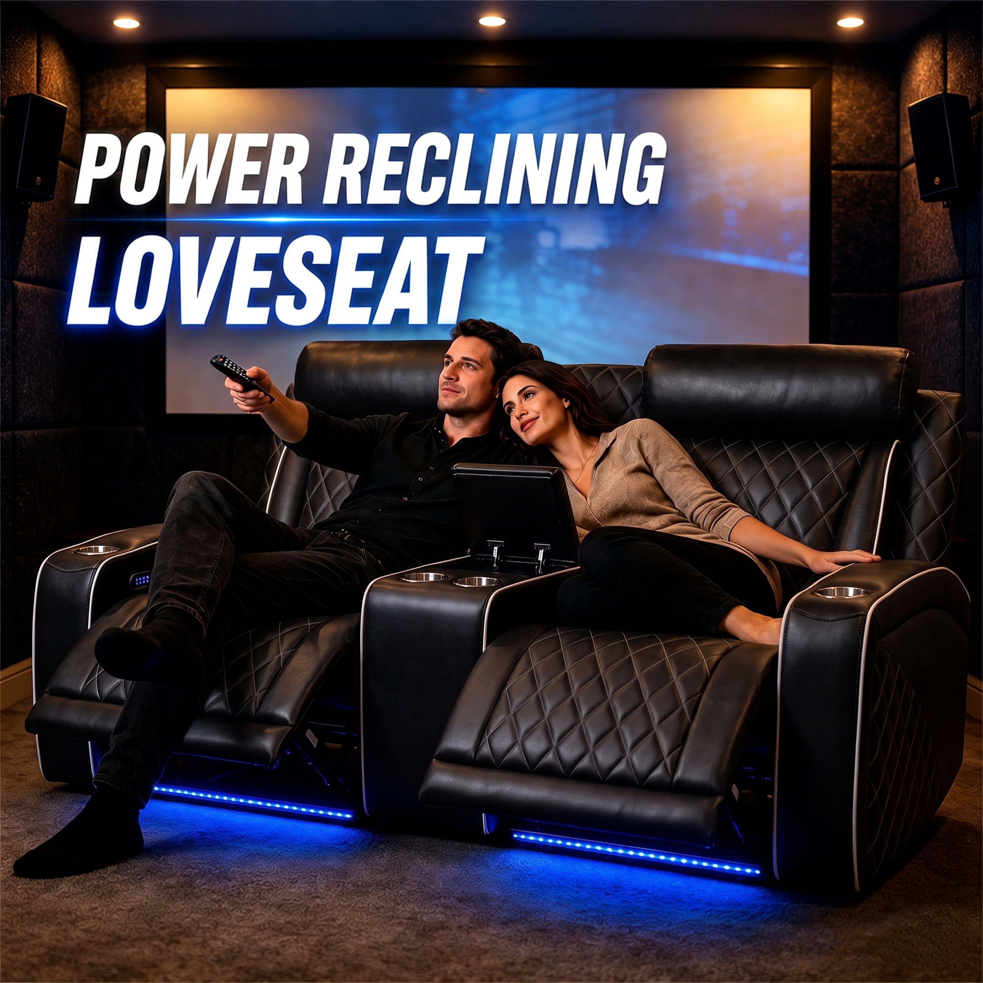Aukfa Power Recliner Loveseat RV Sofa with USB, Cup Holders & LED Lighting, Storage Console, Home Theater Seating for Living Room, PU Leather, Black
