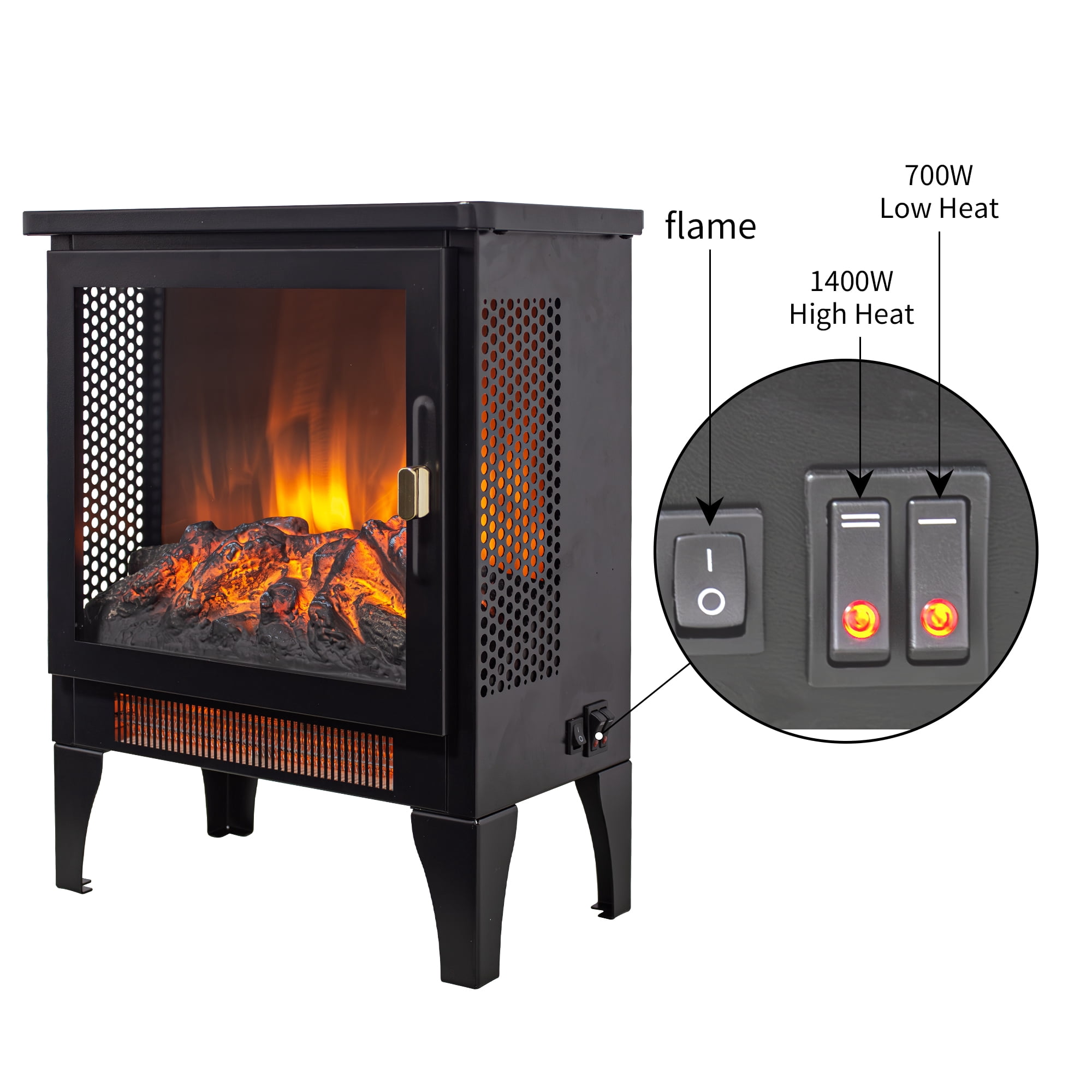 17" Freestanding Electric Fireplace Stove Heater with 3D Flame Effect, Black