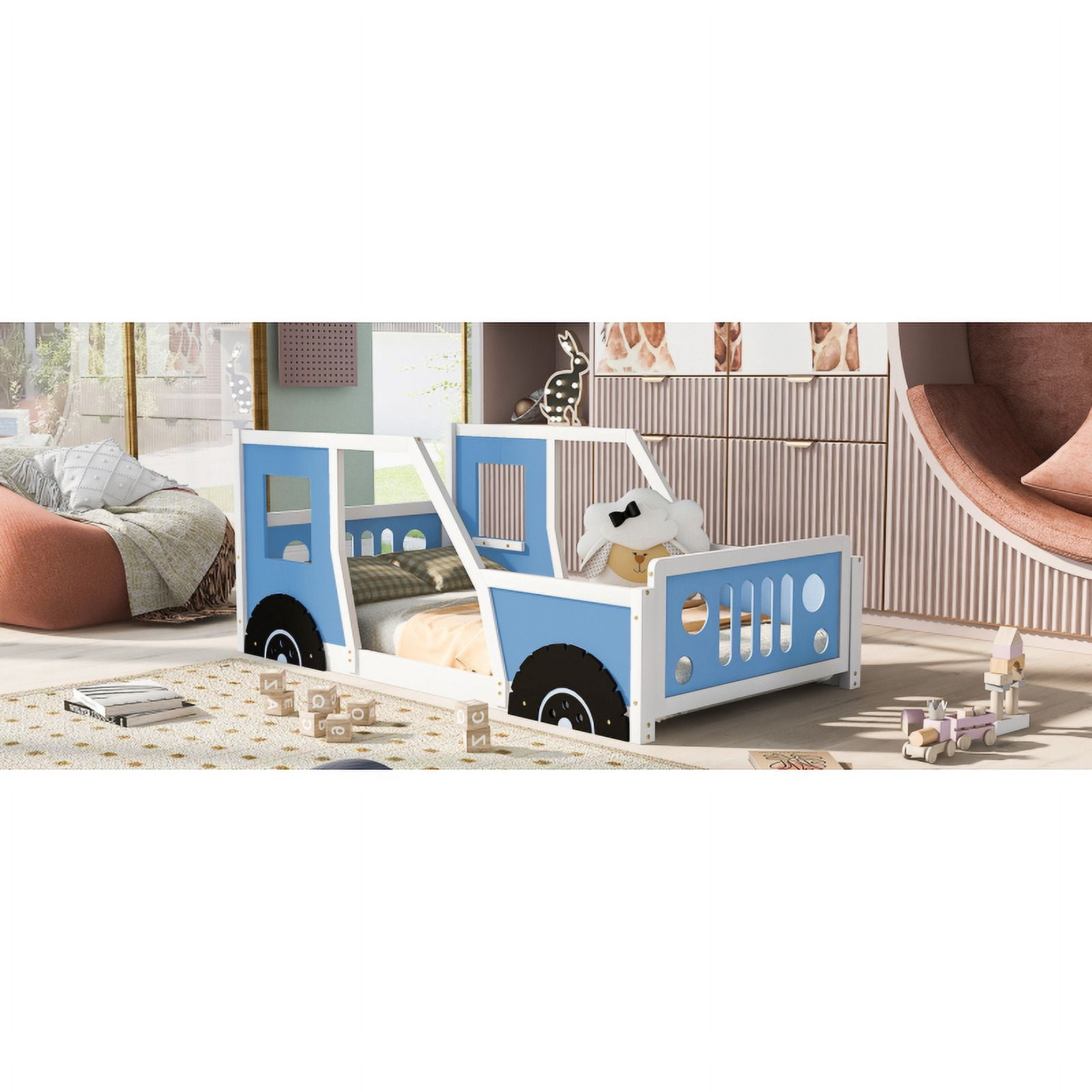 Twin Size Classic Car-Shaped Platform Bed with Wheels,Blue