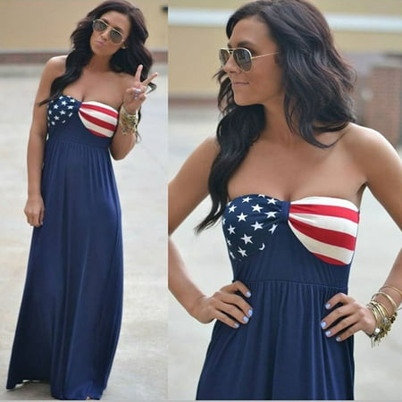 Women American Flag Printed Sleeveless Boho Long Maxi Evening Beach Dress L