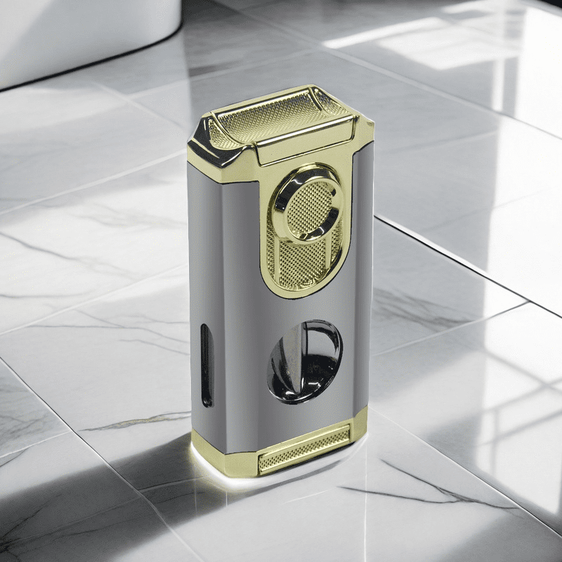 1 Premium Triple Jet Flame Torch Lighter with Built-In Cigar Punch and Top Holder – Sleek V-Cut Tool Design, Windproof Blue Flame, Refillable Butane, Ideal for Cigar Enthusiasts