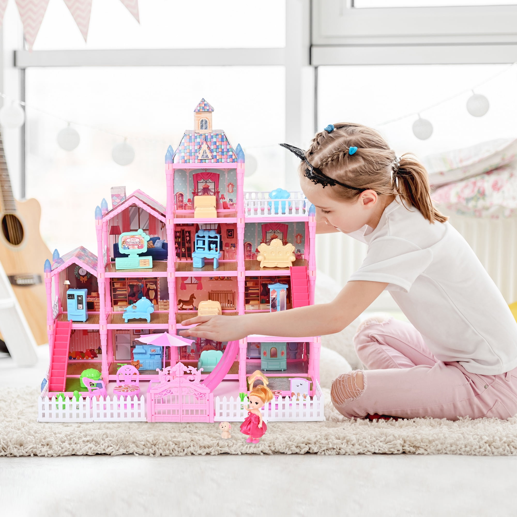 Free 2PCS dolls + Fairy Lights] SALE Big Dollhouse Multiple Floors Girls  Kids Dream Barbie Doll House with Simulation Furnitures Set Castle toy  Barbie house doll house princessDIY Dollhouse Miniature Furniture Kit