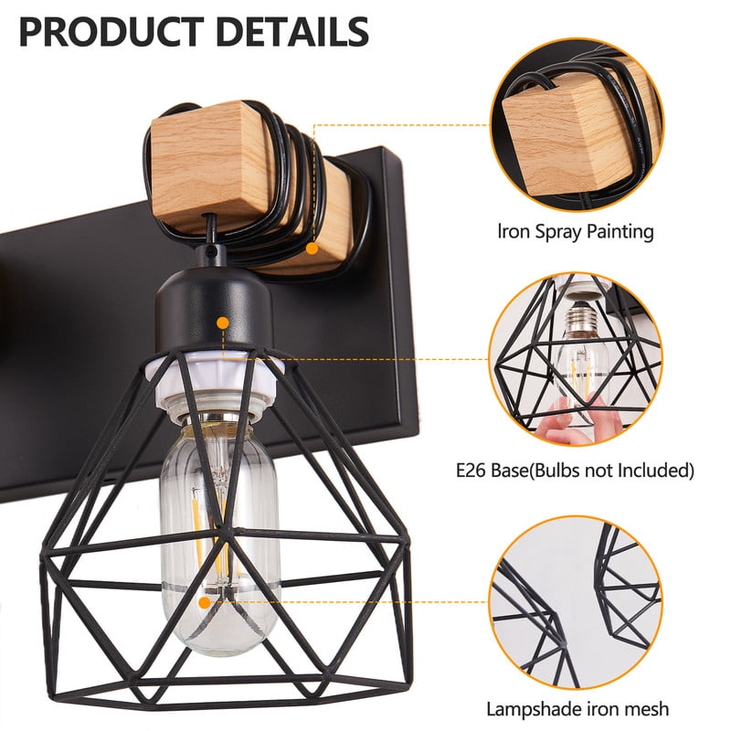 24" Modern Geometric 4-Light Vanity Light Fixture with Black Metal and Wood Accents, Cage Lampshade for Bathroom, Bedroom, Living Room (Bulbs Not Included)