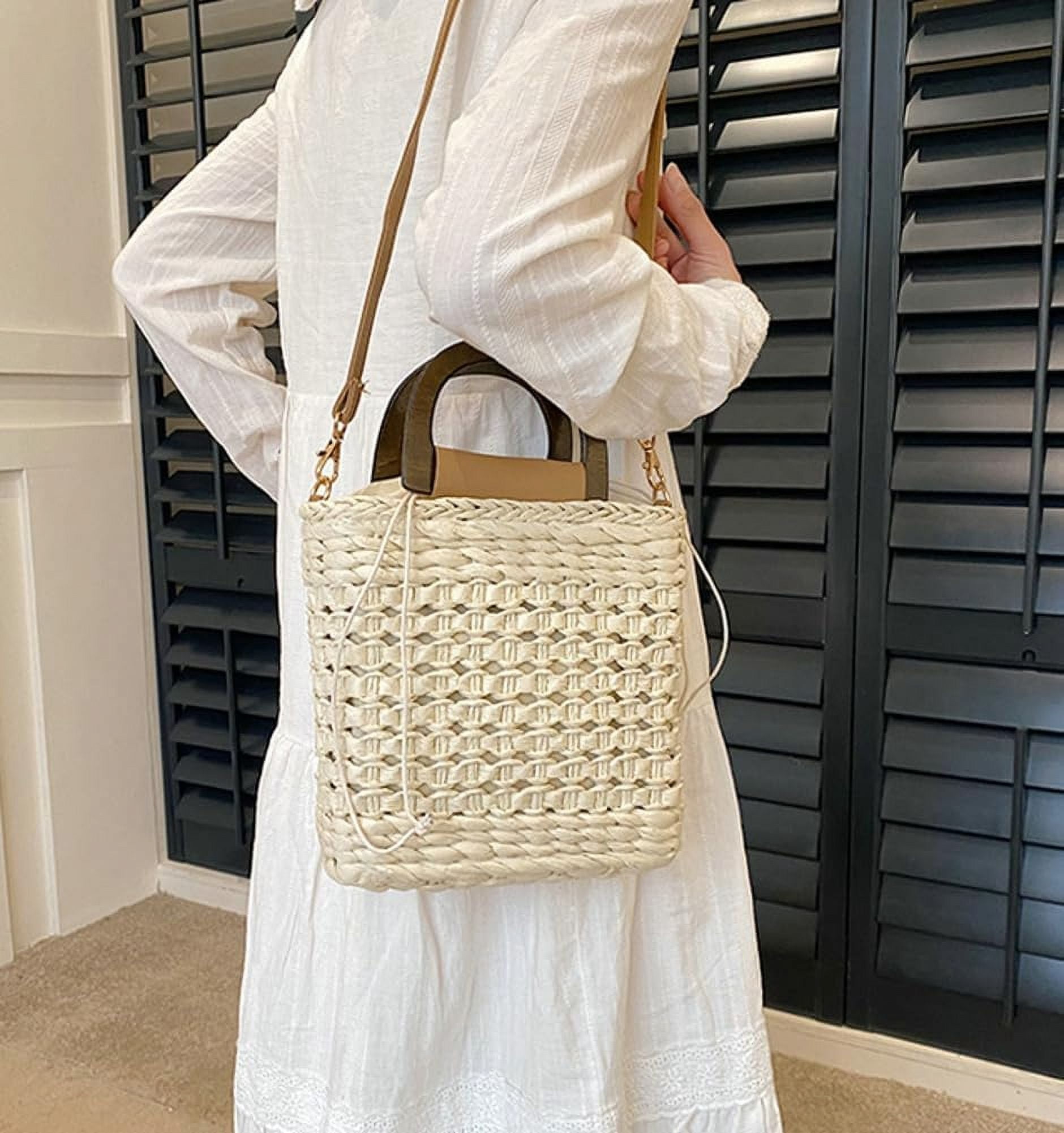 HLSOHJP Women Straw Handbag Beach Bag Woven Rattan Crossbody Bags Handmade Leather Straps Satchel Clutch Purse Summer Vacation