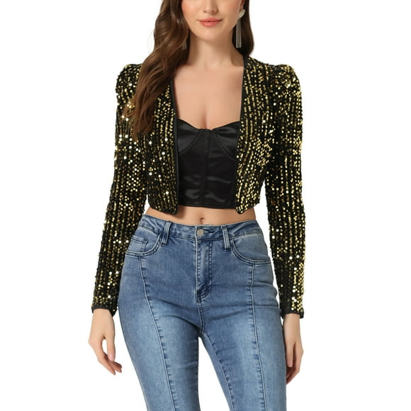 CHAQUETA CORTA BRILLANTE DE LENTEJUELAS DE MANGA LARGA ABIERTA PARA MUJERES CHIC DE INSPIRE, TALLA 2XL, NEGRO Y DORADO