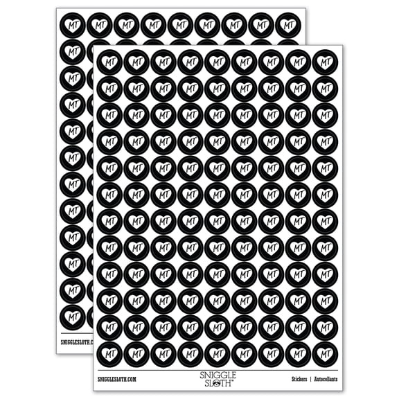 MT Montana State in Heart 200 Round Stickers - Black - Gloss Finish - 0.50" Size