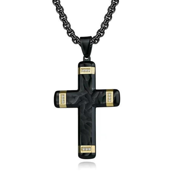 Metal Masters Mens Black Goldtone Stainless Steel Cross Pendant Hammered Fish Round Cubic-Zirconia 24" Chain Necklace