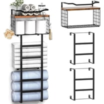 Towel Racks for Bathroom, 34IN Towel Rack Wall Mounted with 2 Pack Towel Shelf and a Wire Basket, Rolled Towel Holder Shelf Bathroom Storage and Organizer, Sturdy Metal & Wood, Black