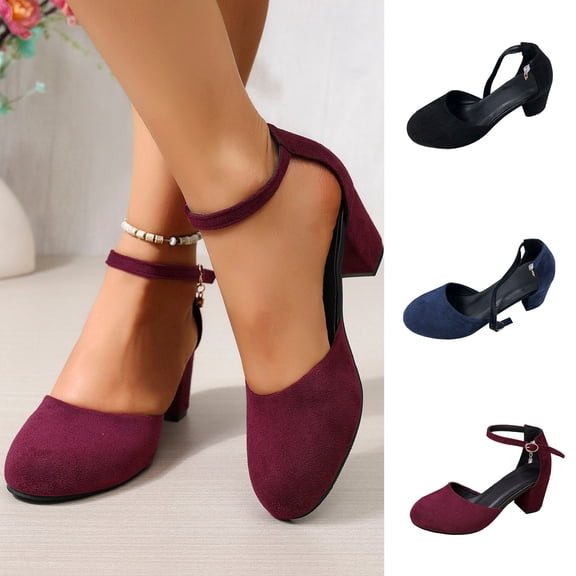 Miqool Womens Flock Chunky Heel Sandals Shallow Mouth ankle Strap Buckle Thick Sole Summer Casual Dress Shoes