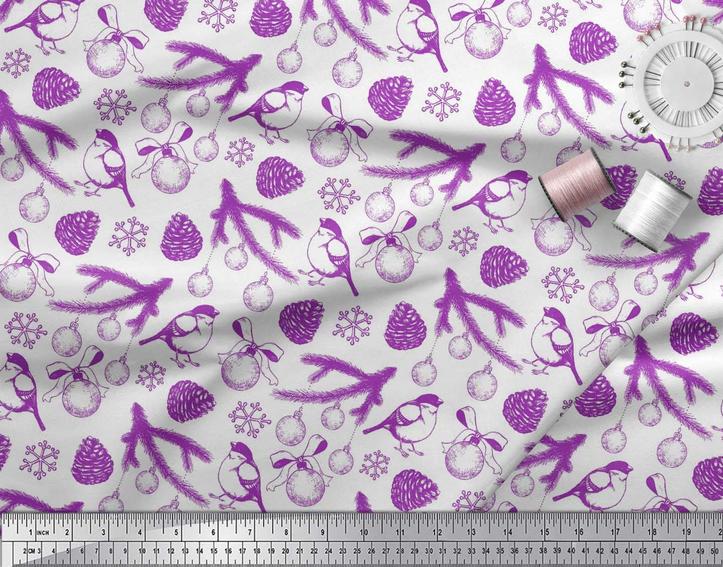 Soimoi Purple polyester Georgette Fabric Spruce Leaves, & Baubles Christmas Fabric Prints By Yard 42 Inch Wide