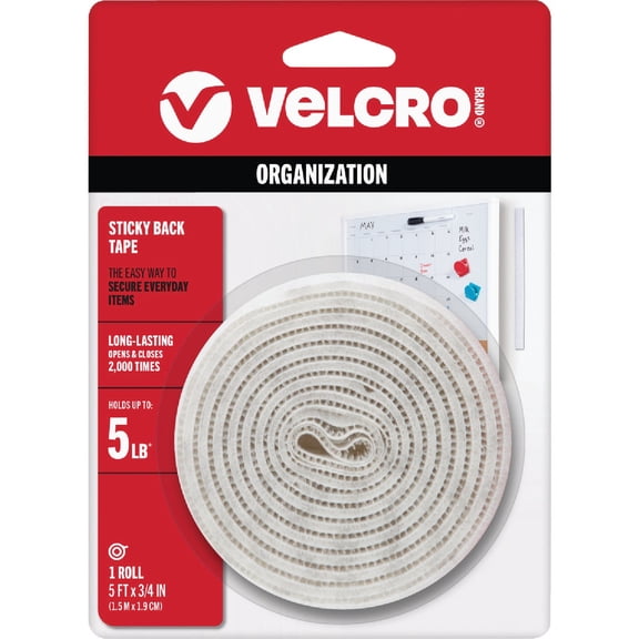 VELCRO Hook & Loop Fastener Tape Roll - Adhesive Back - 5 Ft x 3/4 In, White