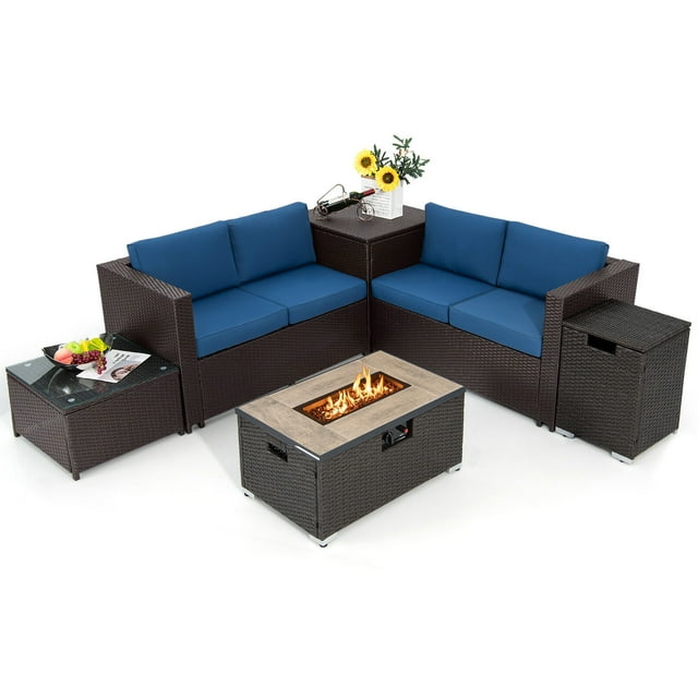 Gymax Ensemble de Canapé de Patio 6 Pcs et Table à Feu, Ensemble de Canapé Sectionnel d'Extérieur en Rotin avec Coffre de Rangement, Bleu Marine
