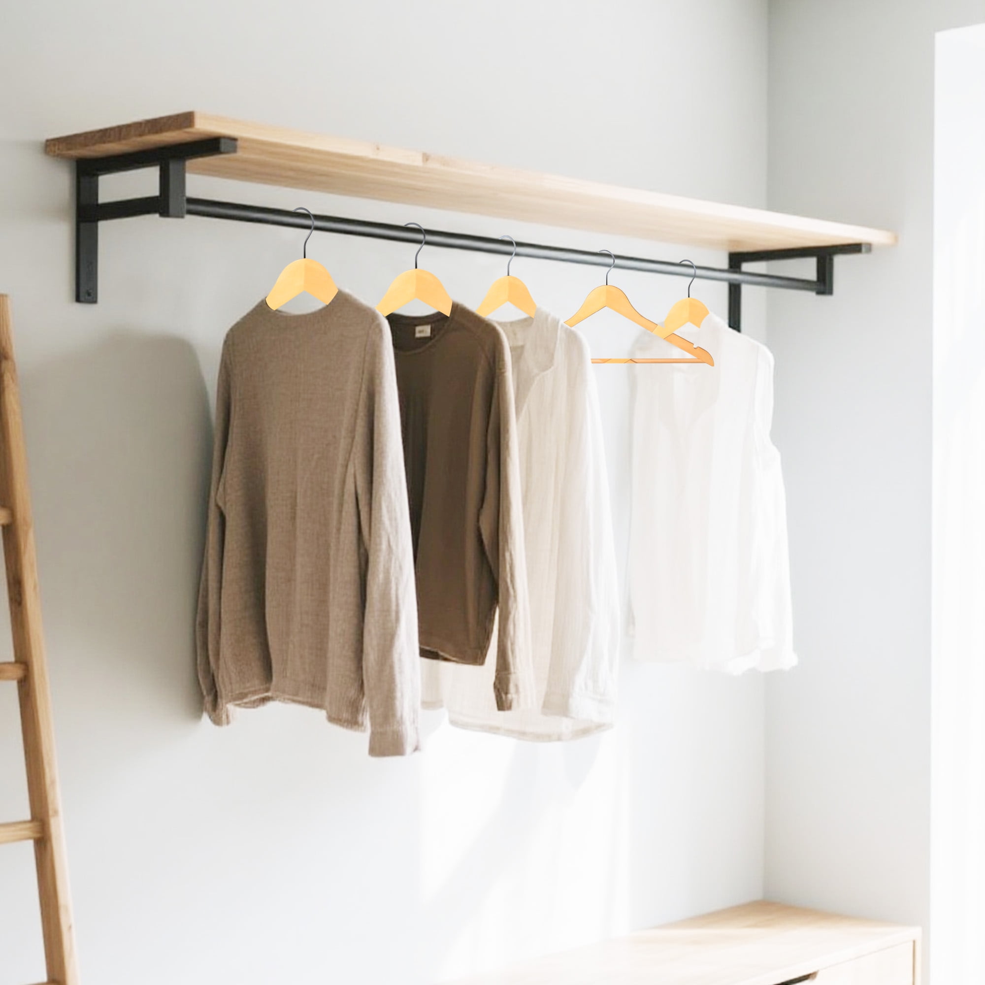 BP4U 12-Pack Premium Wooden Clothes Hangers with Clips, Solid Wood Skirt/Pant Hangers with Adjustable Clips for Suits, Dresses, Coats, Jackets, Trousers(Natural Wood)