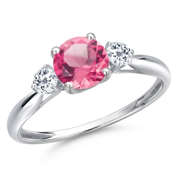Gem Stone King 10K White Gold Pink Mystic Topaz and White Topaz 3-Stone Ring for Women | 1.78 Cttw | Round 6MM | Gemstone November Birthstone | Size 8