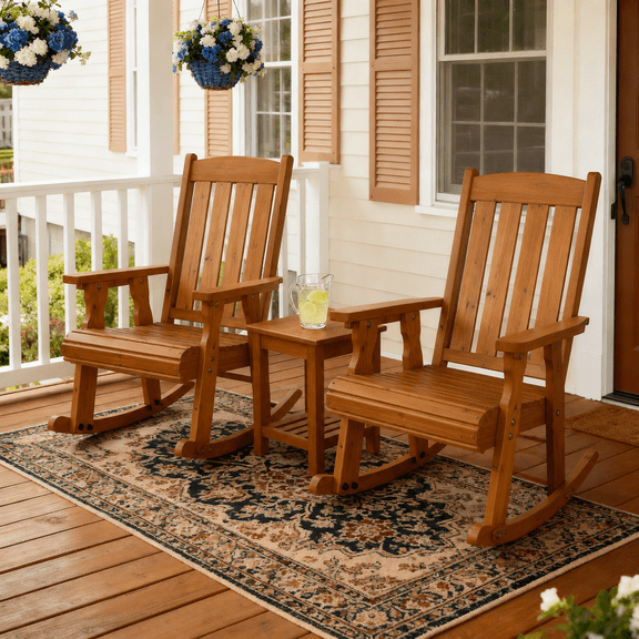 Innovaze Outdoor Wooden Rocking Chair, Solid Fir Wood Porch Rocker with Ergonomic High Backrest, Deep Comfortable Seat, Heavy Duty Patio Chair for Front Porch & Garden (Teak Tone, 2-pack)
