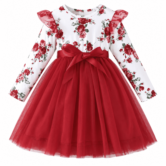 Lanbubble Toddler Girls Long Sleeve Dress Floral Tulle Dress with Ruffle Shoulders, 3-7 Years