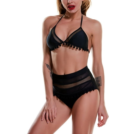 Ladies Women Girls High Waist Bikini Set Two Piece Swimwear Stripes Tassel Sexy Swimsuit Beachwear Halter Push Up Padded Bra Backless Swimming Costumes Bathing Suit S-XL