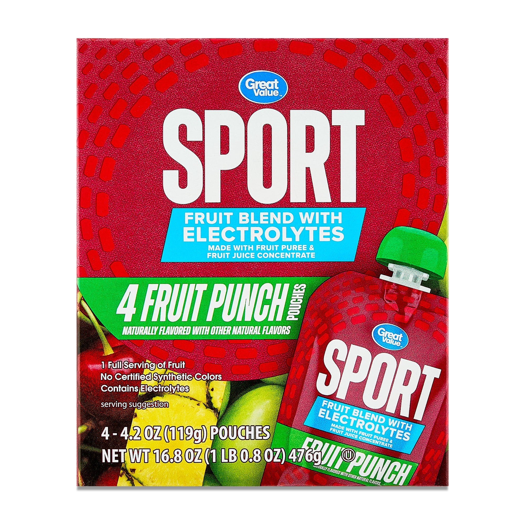 Great Value Sport Fruit Blend Applesauce with Electrolytes, Fruit Punch, 16.8 oz, 4 Count Carton