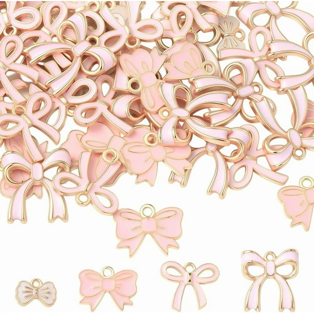1 caja de 4 estilos, 40-80 piezas de dijes románticos esmaltados con lazo plano, colgantes rosas a granel para mujeres, fabricación de joyas, aretes, collares y pulseras.