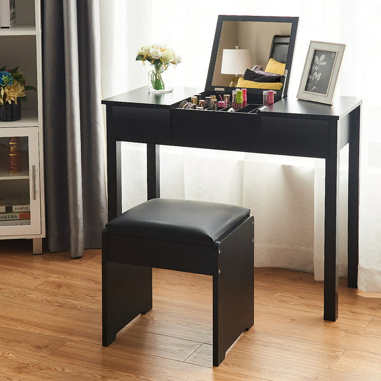 Costway Black Dressing Table Furniture Stool Storage Box -