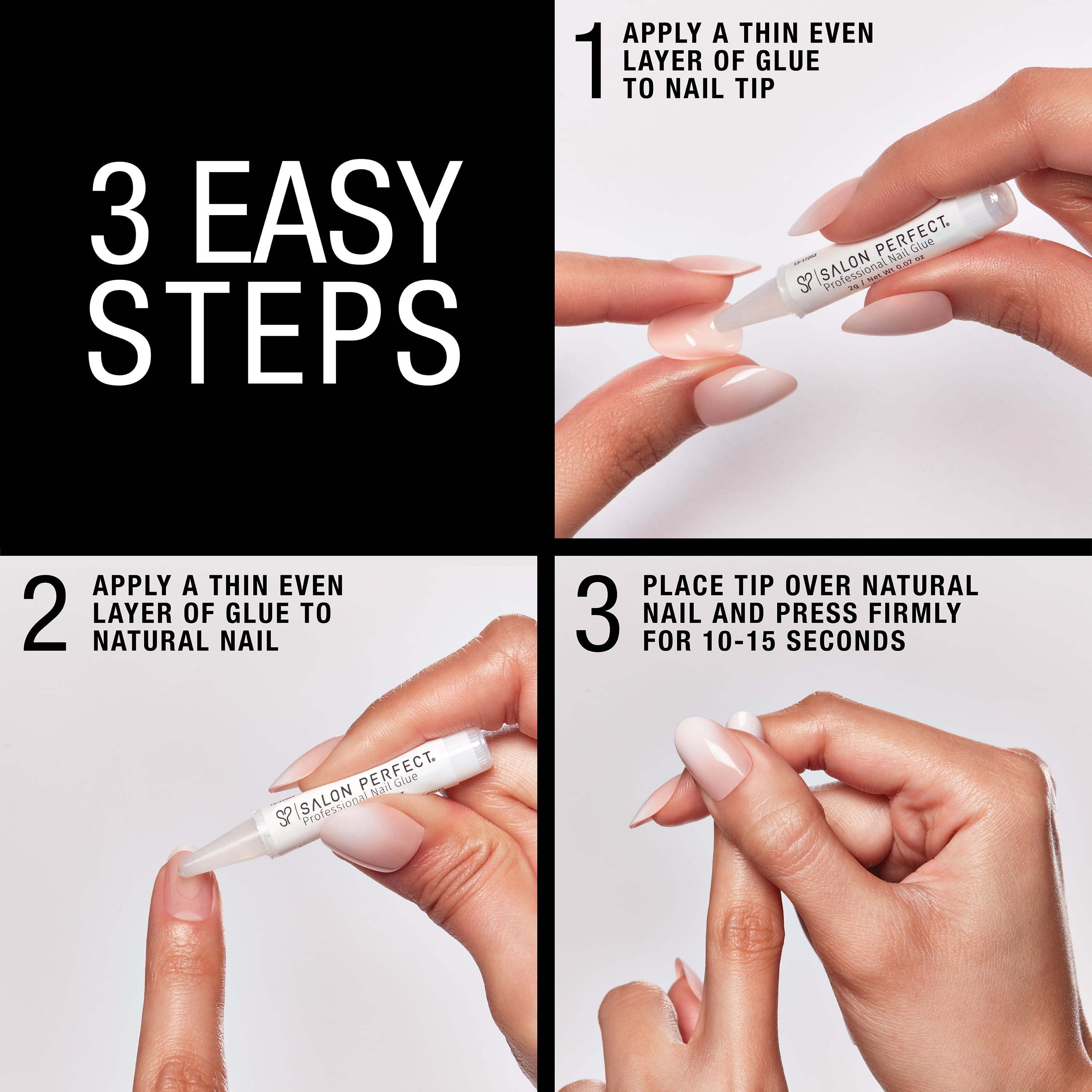 Salon Perfect Artificial Fake Press On Nails, 510 Modern Nostalgia, Black French, Short Almond, File, Glue, and Prep Pad Included, 30 Nails