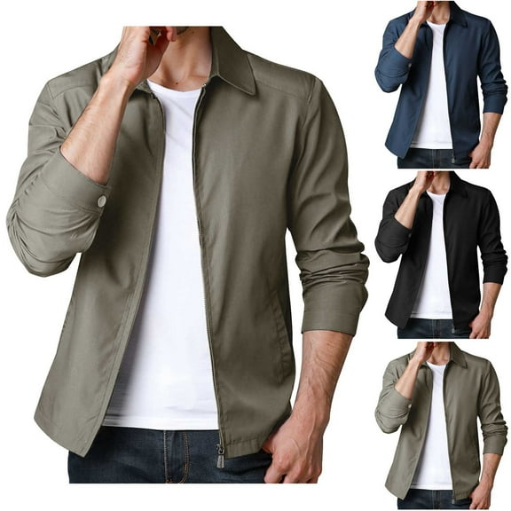 Miluxas Men Spring Casual Jacket Fashion Solid Turn Down Collar Lightweight Coat Mid-Aged Zipper Business Jacket Khaki