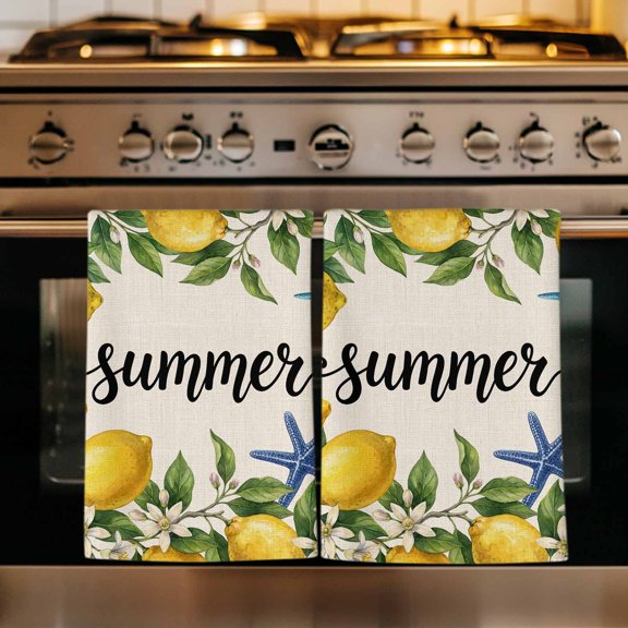 Summer Lemon Kitchen Towels Set of 3, Coastal Starfish Shells Pastoral Floral Vintage Absorbent Dish Towels for Kitchen, Microfiber Hand Towel, Quick Drying Tea Towel for Cleaning Dishcloths