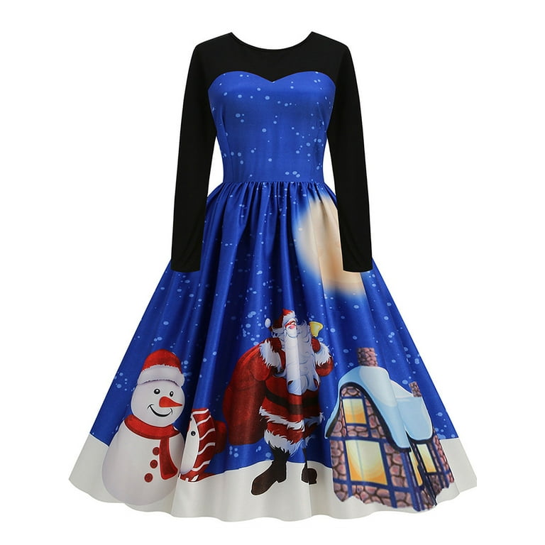 LAPA Christmas Dress For Women Long Sleeve Xmas Print Swing Midi Dress 