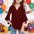 thumbnail image 2 of XAOFW Girl's T-Shirts Glitter Sequins Mesh 3/4 Sleeve V Neck T Shirts Everyday Wear Fashionable Tee Shirt Lounging Trendy Breathable Tops, 2 of 4
