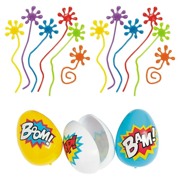 Fun Express Superhero Multicolor Plastic Easter Egg & Sticky Toy Kit for 72