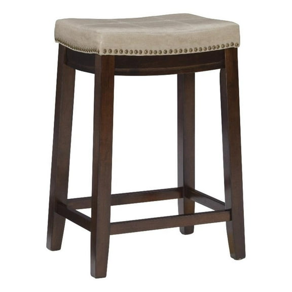 Pemberly Row Backless Counter Stool Beige Faux Leather Wood Frame in Brown