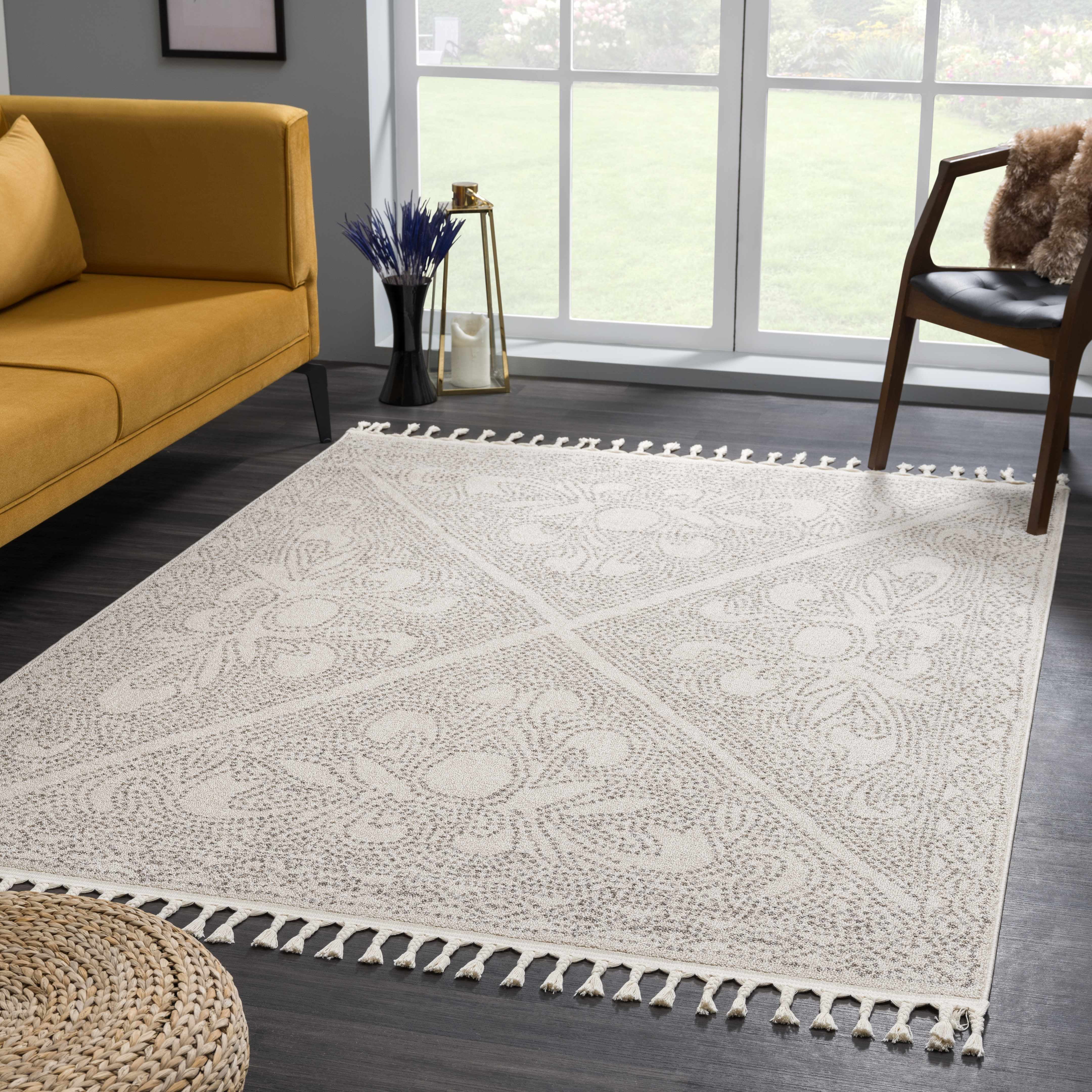 BoutiqueRugs Birdwoody Contemporary, Farmhouse Area Rug - Beige, Cream, Dark Red - 7'10" x 10'