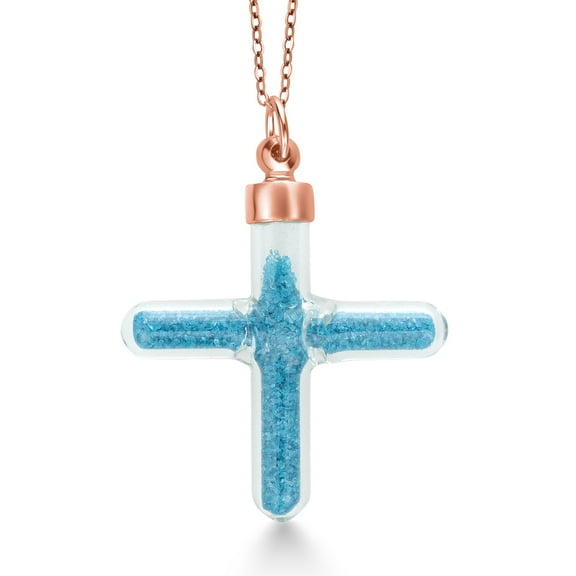 Gem Stone King Swiss Blue Topaz Dust in Glass Cross Pendant Necklace for Women | 925 Sterling Silver | Gemstone Birthstone | With 18 inch Silver Chain