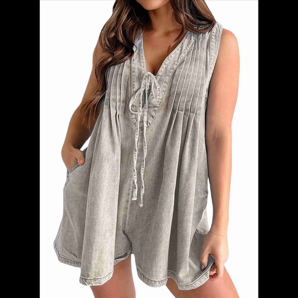 Mono Vaquero Corto con Cuello en V y Sin Mangas para Mujer, con Lazo Frontal, Volantes y Bolsillo, Gris , Talla S
