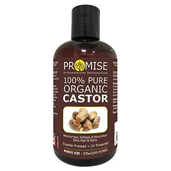Promise 100% Pure Certified Organic Castor Oil, For Hair, Beard, Moisturizes, Softens, Nourishes Skin, Hair and Nails, Made in Canada (200ml +70ml FREE)