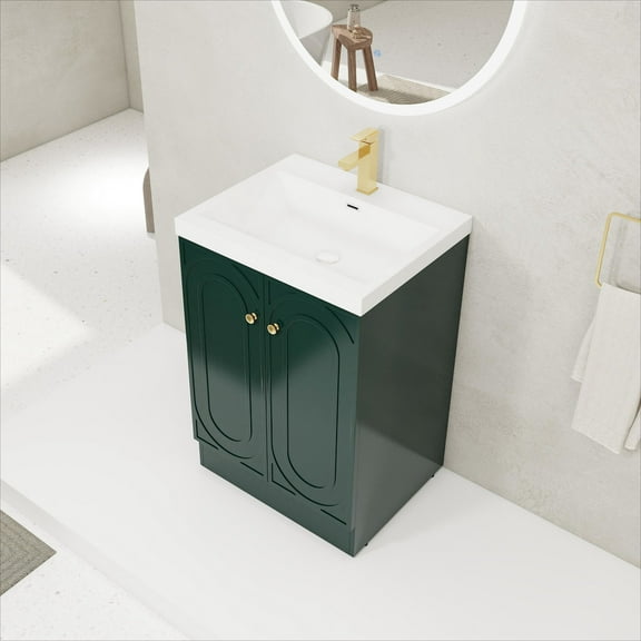 24" Freestanding Bathroom Sink Vanity. Resin Sink. Contemporary Style. Plywood Cabinet. Door Hinges. Ample Storage Area Included. Modern Look. Plywood. Hinges