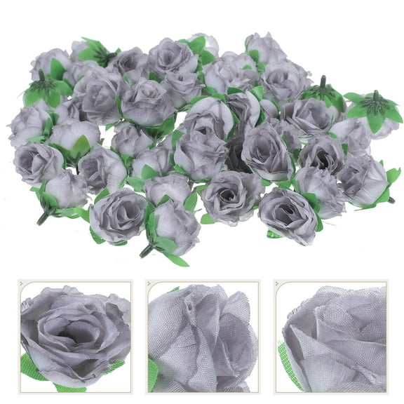 HEMOTON  50 Pcs Silk Rose Head Bridal Artificial Flower Heads Fake Flowers Bride Grey