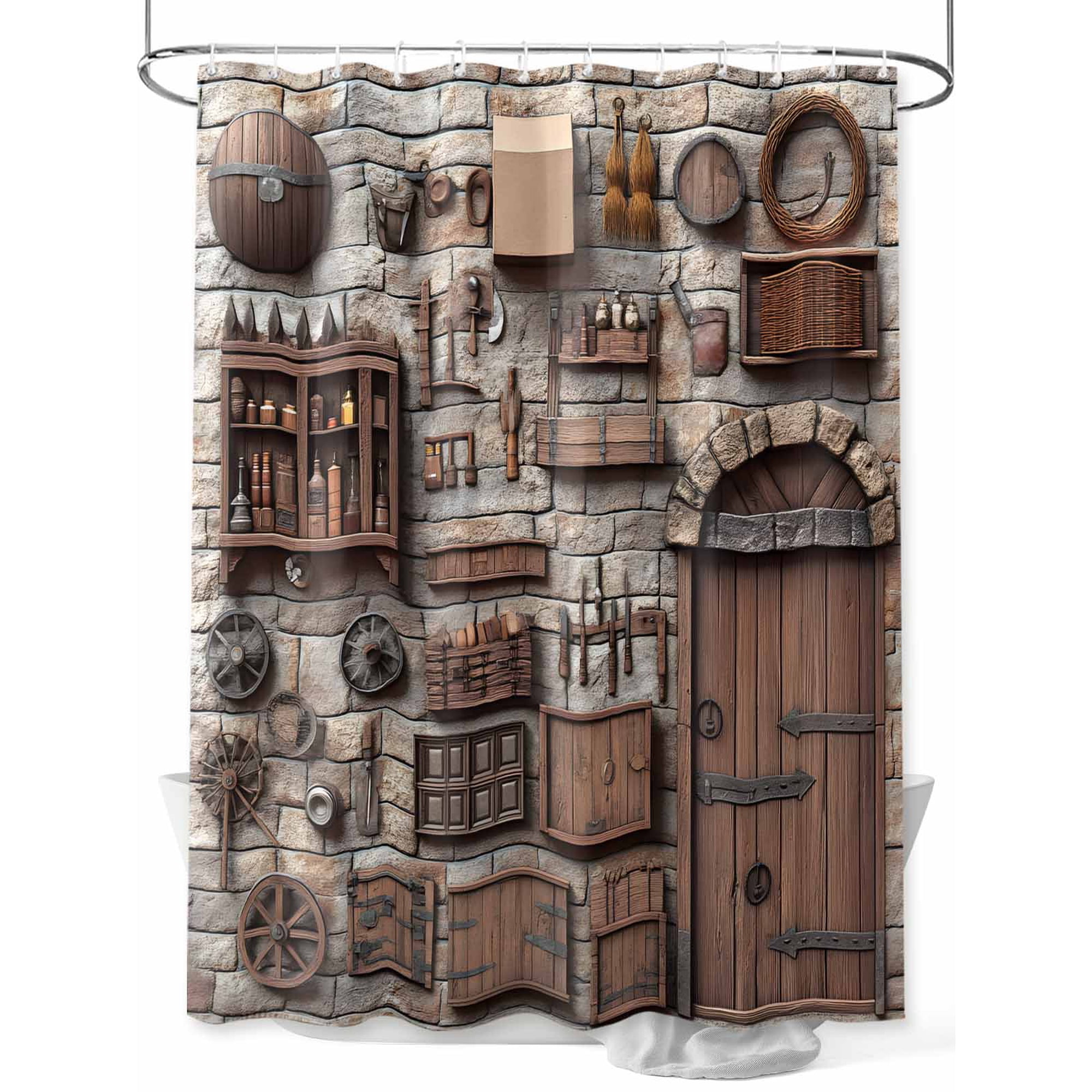 Fsddascl Rustic Antique Shower Curtain Set - Extra Long 72" x 96" Washable Bathtub Curtain with 12 Hooks, Medieval Historical Wooden Vintage Waterproof Fabric Stall Shower Curtains for Bathroom