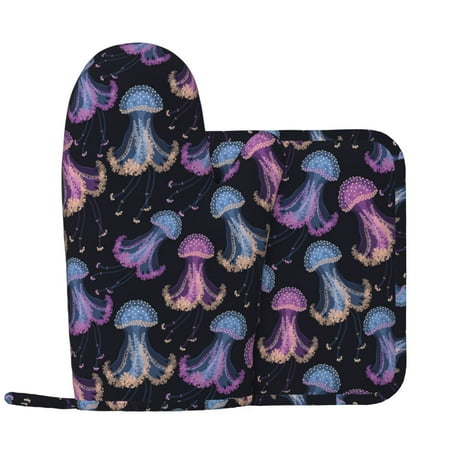 

Oven Mitts and Pot Holders Sets - Blue Purple Jellyfish Print Heat Resistant Silicone Oven Gloves (Left Glove) with Non-Slip Silicone Surface and hot pads for kitchen Baking Cooking