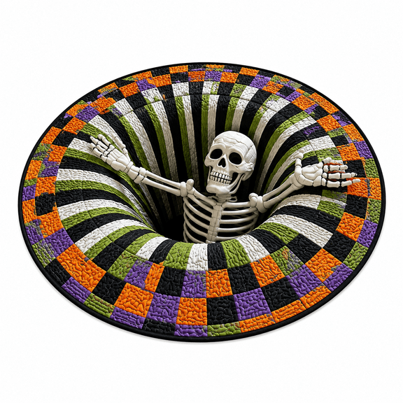 Rongyun 3D Spooky Halloween Optical Illusion Round Area Rug, Non-Slip Mat Indoor Vortex Mat with Skeletons Depth Plush Quilted Grip Backing, Vacuum-Friendly, for Entryway, Living Room 15.7inch