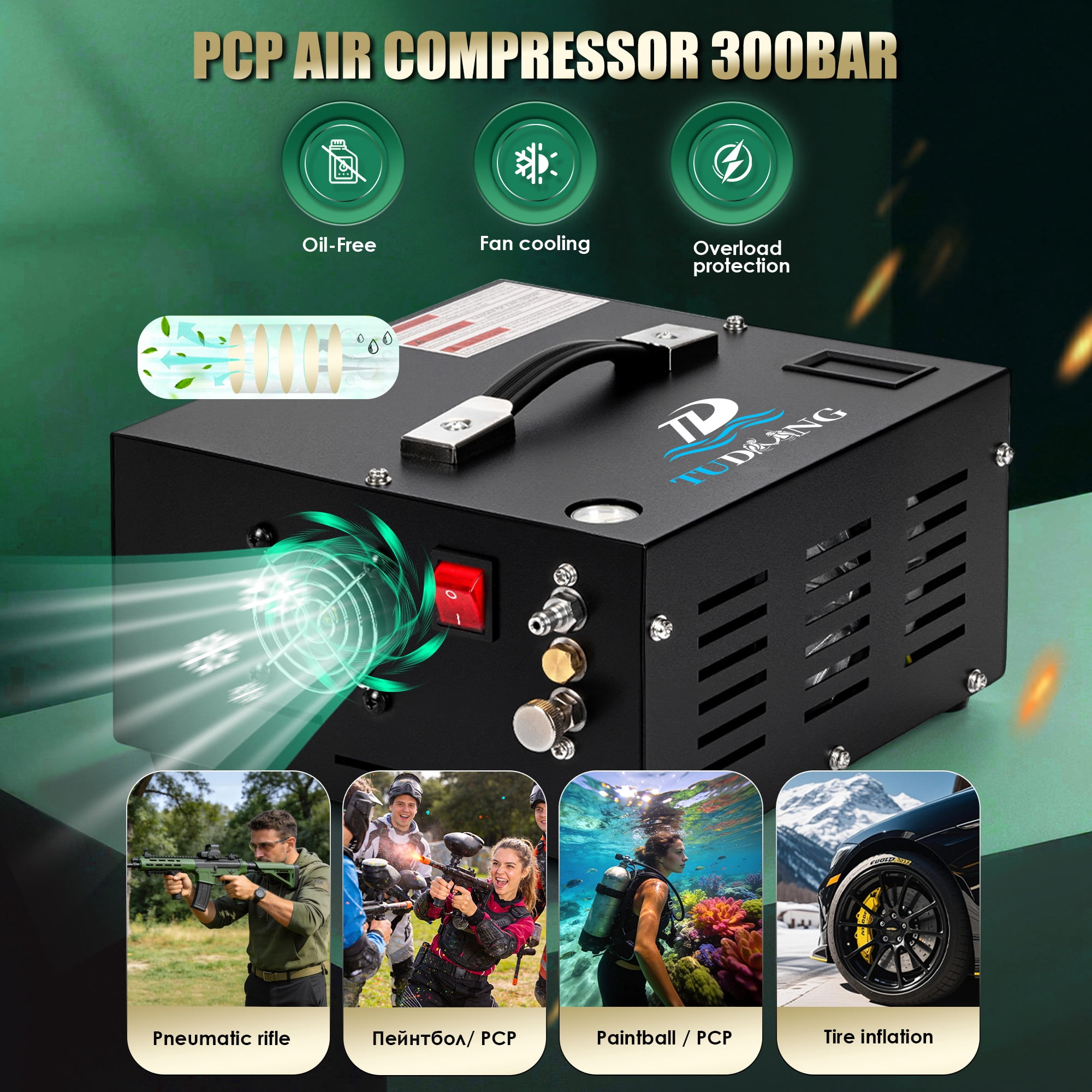 TUDIVING 4500 PSI PCP Air Compressor, Portable 12V DC/110V AC Air Pump with Built-in Converter, Oil-Free for PCP Air Rifles