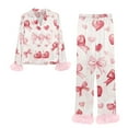 thumbnail image 5 of Women Cute Heart Silk Satin Valentines Day Pajamas Set Button Down Shirt Pants Cute Heart Print Pjs Lounge Set Sleepwear, 5 of 5