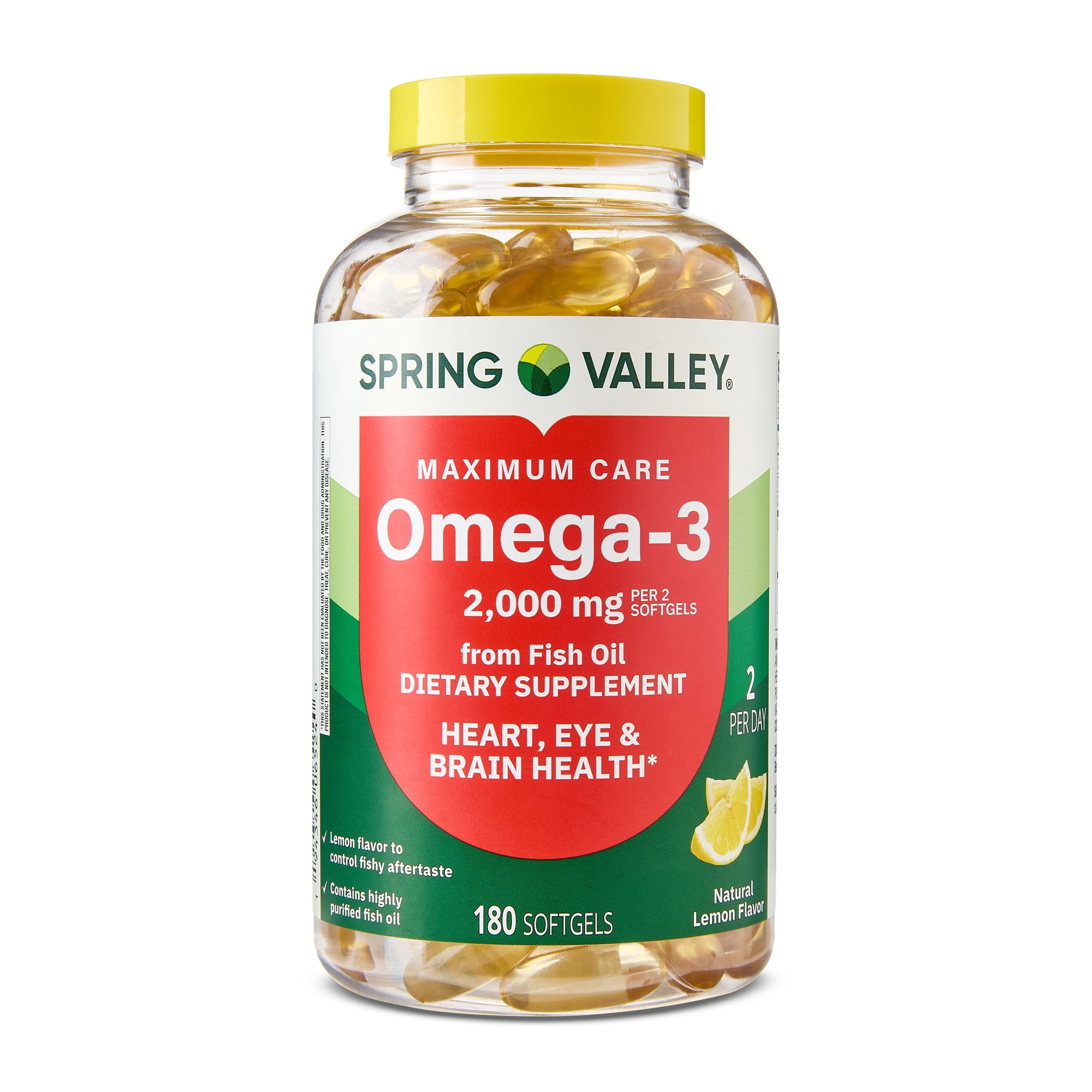 Spring Valley Omega-3 Fish Oil Brain & Heart Health Dietary Supplement Softgels, 2000 mg, 180 Count