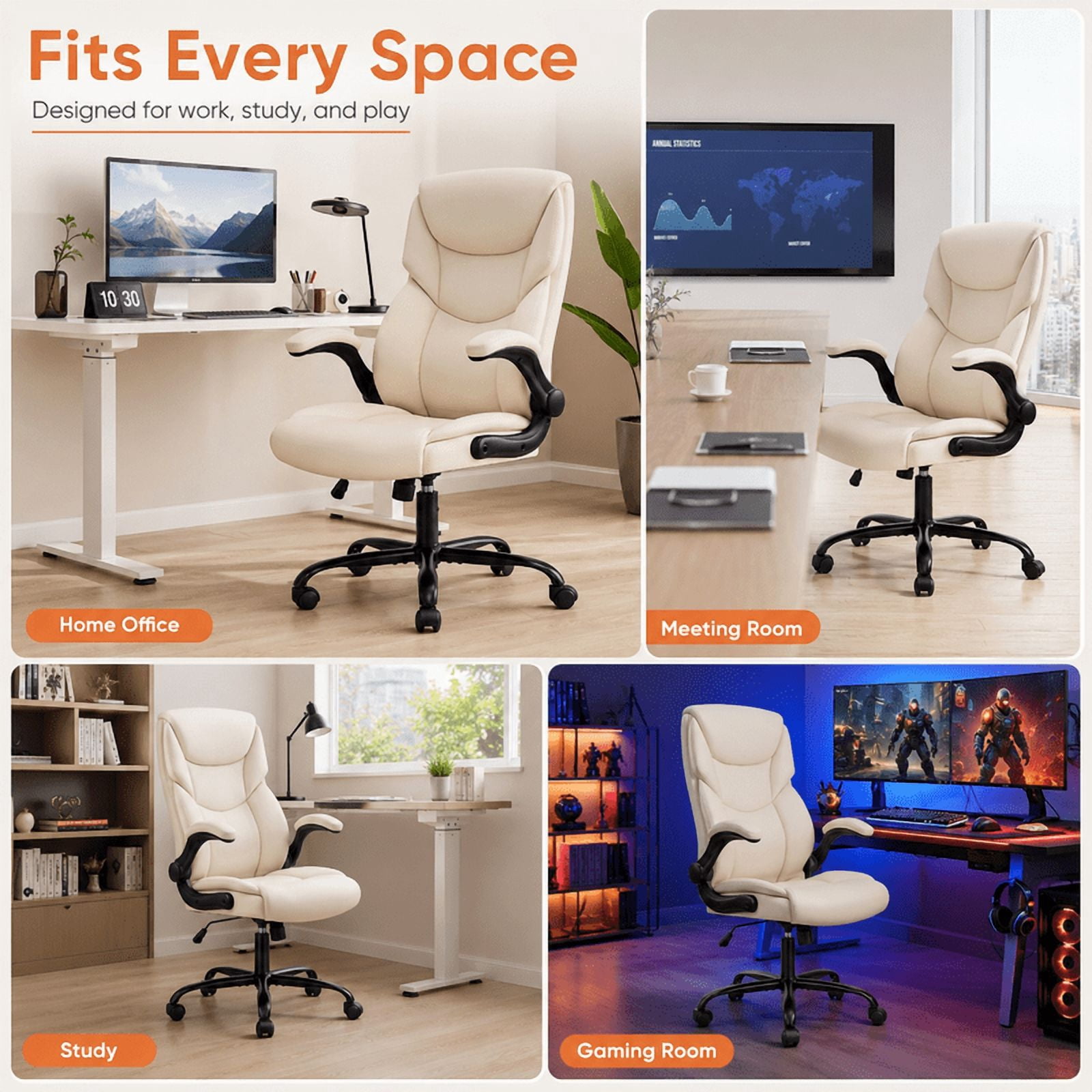 Ergonomic PU Leather Executive Office Chair, Adjustable Height Desk Chair with Lumbar Support, Wide Seat, 360° Swivel and Quiet Wheels, White
